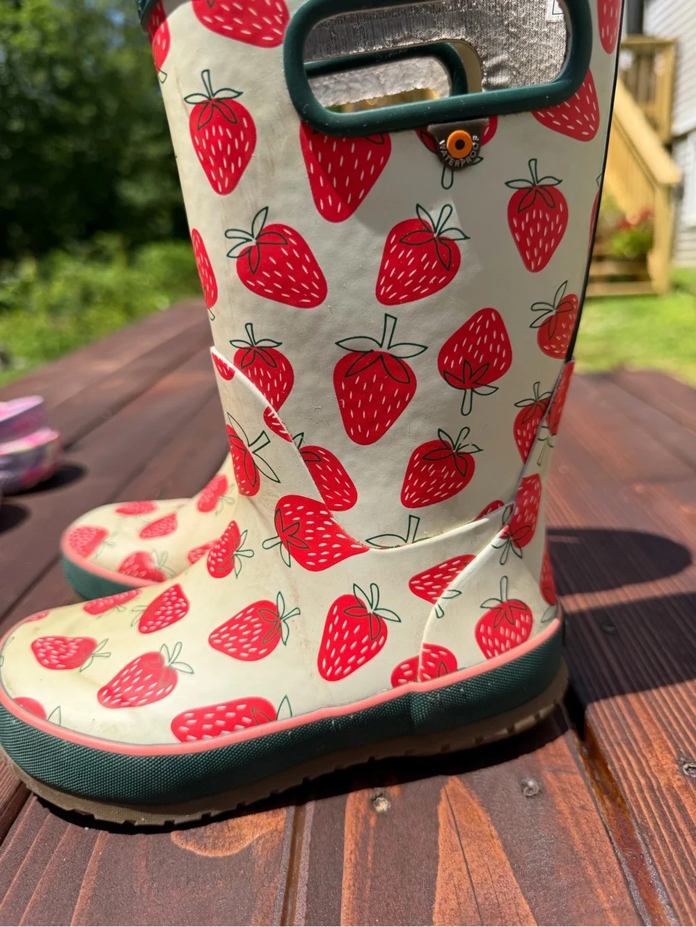 Bogs Kids Strawberry Rain Boots - Cream & Red with Green Trim